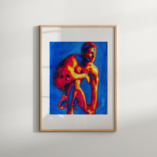 This image features a striking Giclée print titled "Warm-Up," which is a vibrant and abstract portrayal of a male figure. The artwork is distinguished by its bold, warm colors and dynamic composition, capturing the viewer's attention with a powerful visual statement.