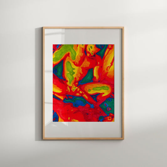 This image features a striking art print titled "Deep," which is a limited edition Giclée reproduction of an original painting. The artwork displayed is a modern watercolor painting characterized by vibrant, swirling hues of red, blue, green, and yellow, creating a sense of movement and energy.