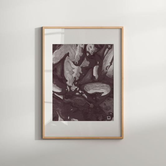 This image presents a framed art print titled "Deep (B&W)," featuring an abstract, modern design in black and white. The artwork is characterized by a blend of dark and light tones, with a textured and fluid visual texture that adds a sense of movement and depth.