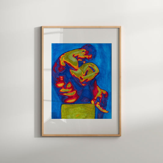 This image features a striking Giclée print titled "Roman statue," presented in a modern abstract style. The artwork depicts a nude male figure, stylized in a dynamic, abstract form set against a vivid blue background with hints of red and yellow.