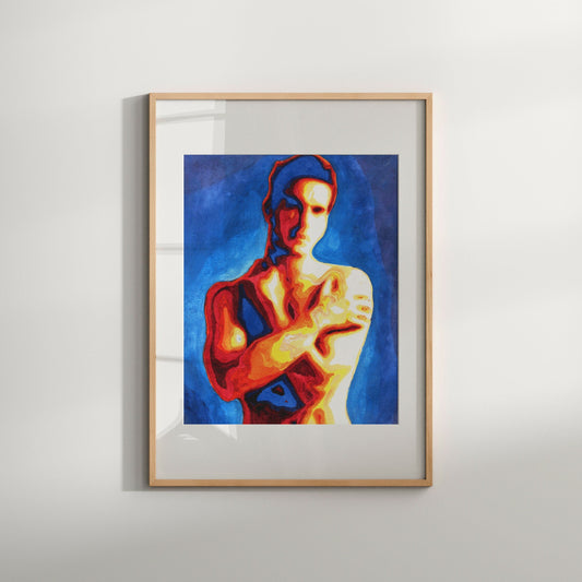 This image features a striking Giclée print titled "Crossed Hands," created by artist Zak Mohammed. The artwork is a vibrant and abstract portrayal of a male nude figure, rendered in a blend of warm and cool hues that create a dynamic visual effect.