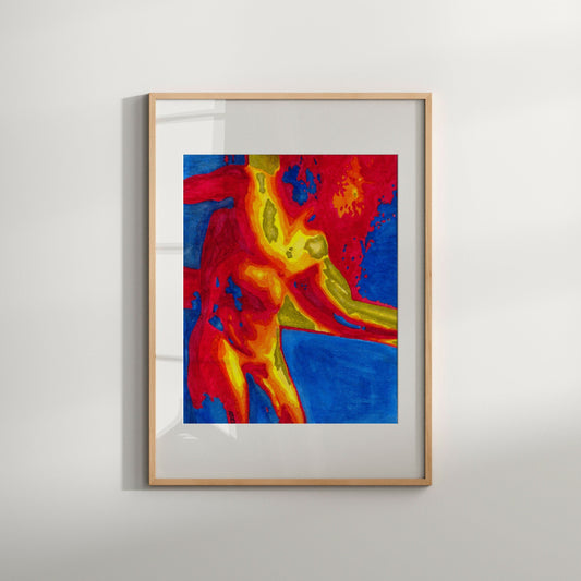 A framed abstract artwork featuring a multicolored, geometric representation of a male figure, with a white border for framing.