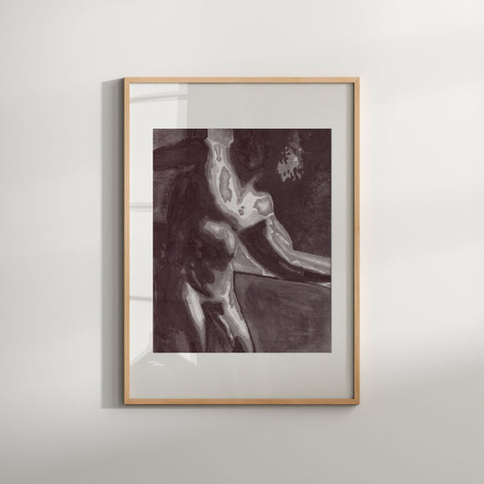 This image features a framed art print titled "Sensual Male," which is a black and white erotic watercolor painting. The artwork depicts a nude male figure, portrayed in a blurred and abstract style, evoking a sense of sensuality and homoeroticism.