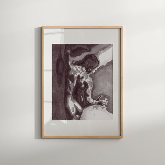 This image presents a striking black and white fine art print titled "From Behind," featuring an abstract depiction of a nude male figure. The artwork is characterized by bold, expressive lines and a muted color palette, enhancing its sensual and evocative nature.