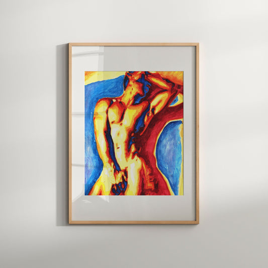 This image features a striking art print titled "Under the Light," which portrays a vivid and colorful depiction of a male figure in a contorted pose. The artwork, originating from an original watercolor painting, captures a blend of warm and cool hues, creating a powerful visual impact.