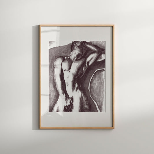 This image features a striking black and white print of a male nude, presented in a simple, elegant frame. The artwork captures a powerful and erotic depiction of the male form, emphasizing bold and expressive lines that convey a sense of movement and emotion.