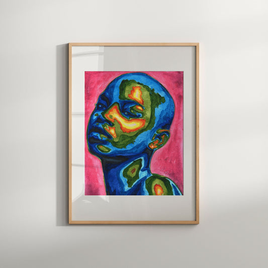 A colorful artwork of a woman's face with abstract and geometric patterns, framed in a light wood frame.