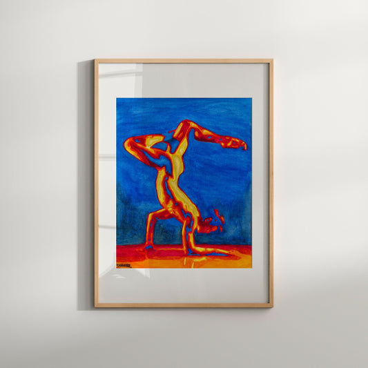A framed artwork featuring a stylized, colorful gymnast in mid-air on a blue and orange background.