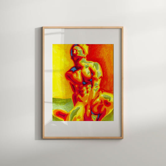This image features a striking Giclée print titled "Warm Colours," which portrays an abstract depiction of a male figure. The artwork is vibrant and captivating, showcasing a blend of warm and cool hues that create a dynamic sense of movement and color.