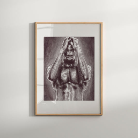 This image features a striking black and white art print titled "Golden Boy," portraying a sensual and evocative male nude figure. The artwork is highlighted by soft, realistic details that capture the essence of the subject in a moment of vulnerability.