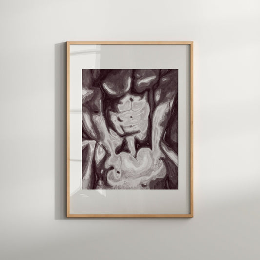 This image features a framed art print titled "Hardcore," presented in a simple, elegant frame with a white border. The artwork itself is a Giclée print of an original painting, showcasing a muted, earth-toned depiction of a nude male figure.