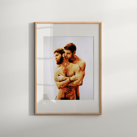 This image features a striking Giclée print titled "Romantic Couple," showcasing an artistic representation of a nude male couple. The print captures a sense of intimacy and pride, portraying the figures in a warm, earthy tone with delicate details highlighting their facial features and the soft lighting enhancing the romantic mood.