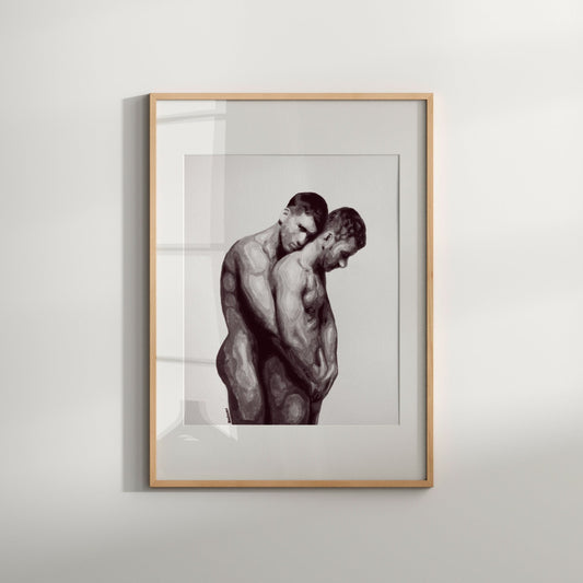 black and white art print of a nude male couple in a sensual embrace. This beautiful watercolor painting captures the intimacy and romance between two men