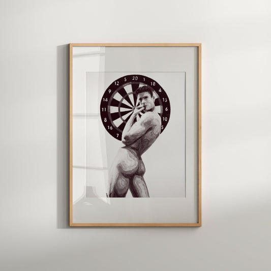 Gay Art Erotic Male Black and White Nude Dartboard Print. Perfect for LGBTQ, queer homo wall art, and contemporary gay decor