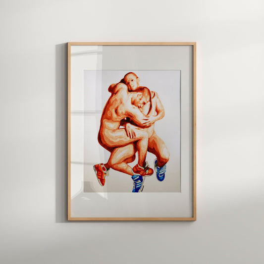 This image features a striking art print depicting two nude males in a passionate embrace. The artwork is rendered in vibrant, bold colors, emphasizing the dynamic movement and intense emotion of the figures.