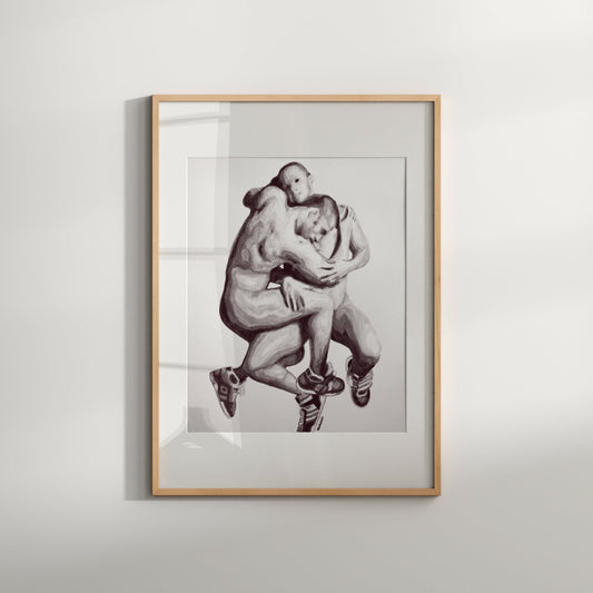 This is stunning black and white print featuring a nude gay couple. This gay art print is not only a beautiful piece of decor but also a celebration of same-sex love and marriage.