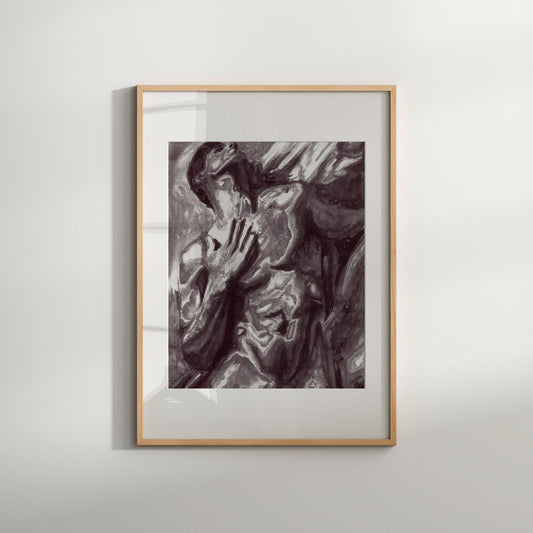 This image features a striking Giclée print titled "Flames," showcasing an artistic depiction of a male figure in a state of relaxation and contemplation. The figure is portrayed in a full-frontal nude pose, emphasizing the beauty and form of the human body.