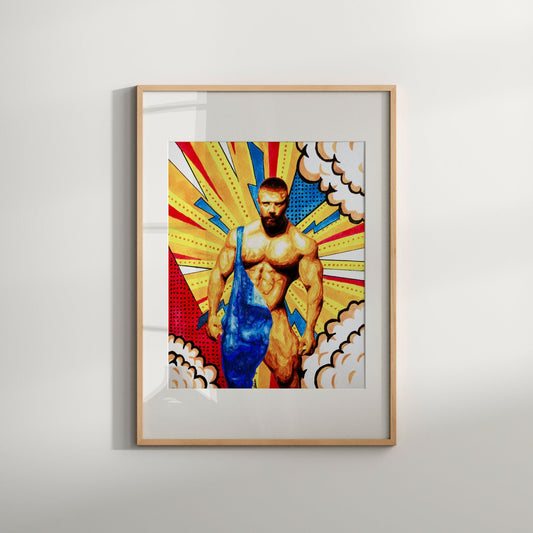 This image features a vibrant and colorful art print titled "Nude Male on Overall," which portrays a striking depiction of a male figure. The artwork is characterized by bold, bright colors and dynamic visual elements, with a pop-art style that emphasizes boldness and sensuality.