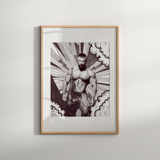 This image features a striking black and white nude male print, perfect as a gift for men or those appreciating modern queer art. The artwork, titled "Sensual Black and White Nude Male Print," showcases a powerful and sensual depiction of a male figure, enhanced by bold, dynamic shapes and contrasting textures.