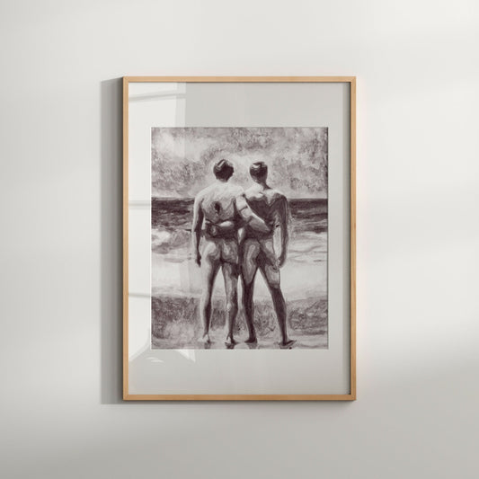 Sensual Gay Art Print, Nude Male Couple on Beach, LGBTQ Wall Decor