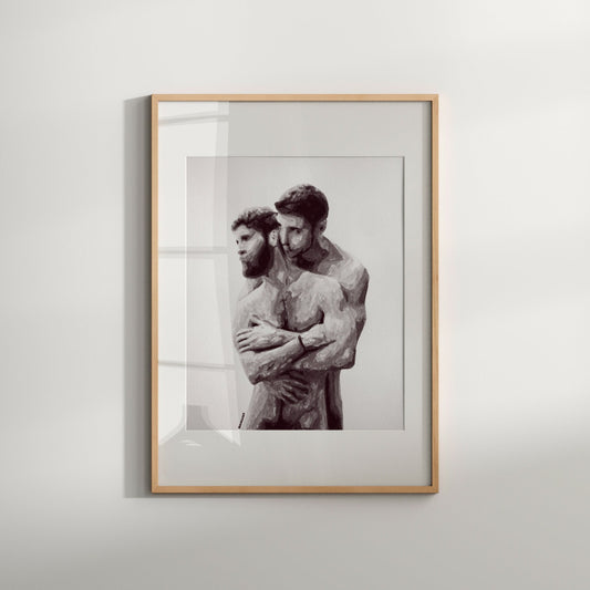 This image features a captivating watercolor art print titled "Hugging," depicting a nude male couple in a tender embrace. The artwork is rendered in a delicate and expressive style, capturing the depth of emotion and physical connection between the figures.