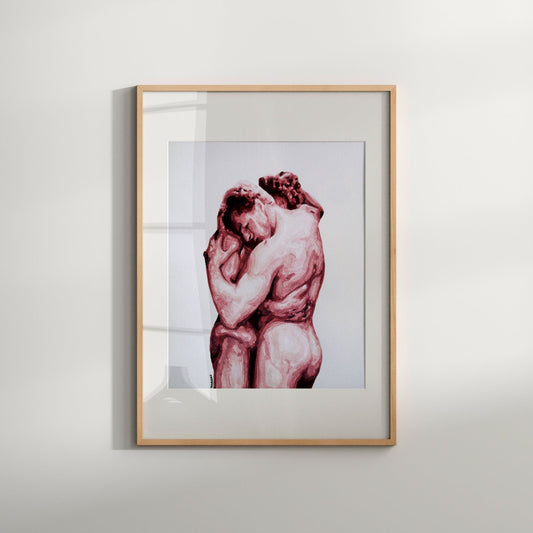 A framed art print featuring a watercolor style illustration of a nude male couple in an intimate embrace.