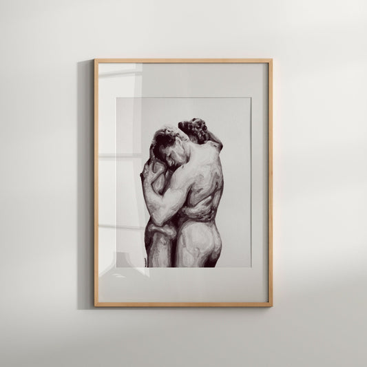 A framed art print featuring a watercolor design of a nude male couple in an intimate embrace, displayed on a white wall.