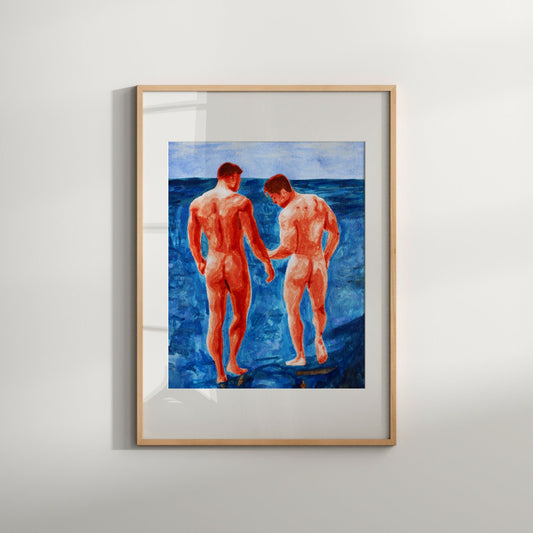 A framed artwork featuring a painting of two nude male figures on a beach, with a blue and turquoise color palette.