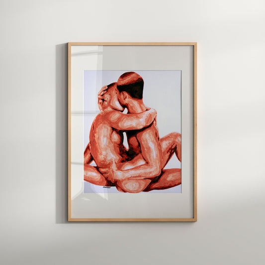 Hug and Kisses Gay Couple Art Print. Featuring a same sex couple in a sweet embrace