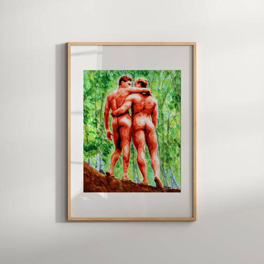 This image features the "Jungle Love" art print, showcasing an expressive and vibrant depiction of a nude male couple in a romantic embrace amidst lush, exotic nature. The artwork captures the sensuality of the male form, particularly emphasizing the male buttock, which is a prominent feature.