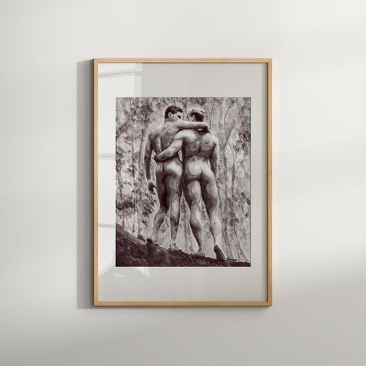 This image features a striking watercolor print titled "In Jungle," depicting a gay couple in a sensuous and artistic pose. The print captures the elegance and strength of the male form, enhanced by the play of light and shadow across the figures.