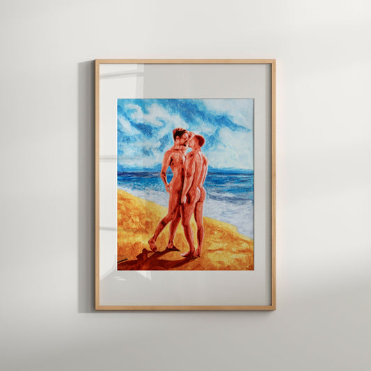 This image features a captivating Giclée print depicting a romantic and sensual scene of two nude male figures on a beach. The artwork is rich in color and detail, capturing the intimate moment of the figures embracing each other under a blue sky with a backdrop of the ocean.