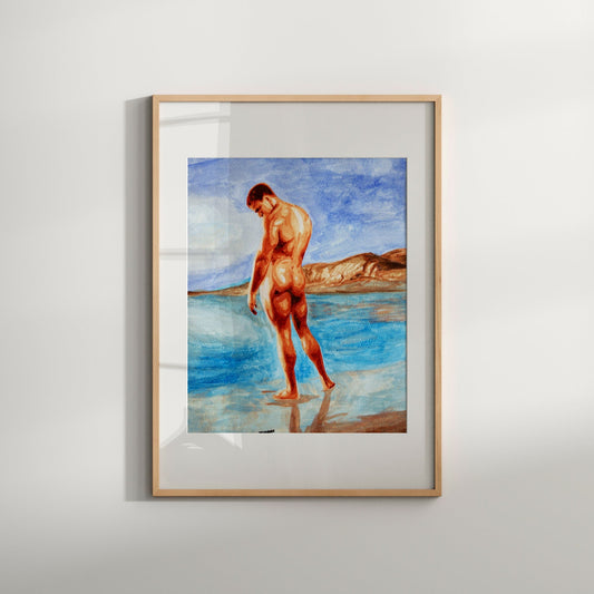 This image features an art print titled "Blue Water," depicting a nude male figure on a beach under a blue sky. The artwork is rendered in a vibrant and expressive style, capturing the sensuality and serenity of the scene.