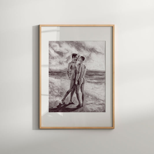 A framed art print featuring a black and white illustration of a nude male couple on the beach.