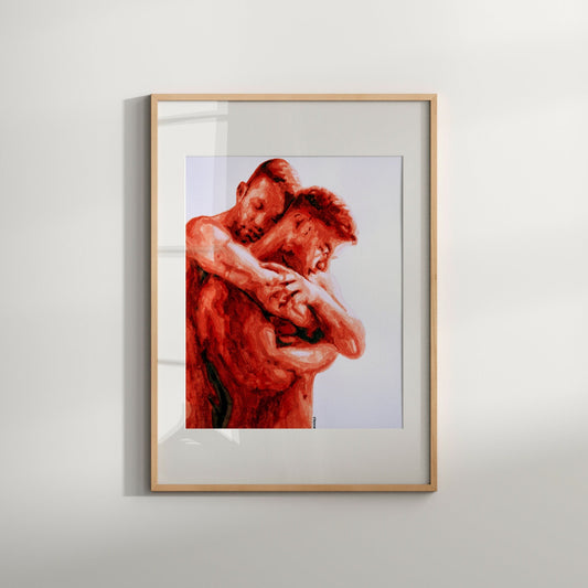 A framed print of a same-sex couple in an intimate embrace, predominantly in red and blue tones.