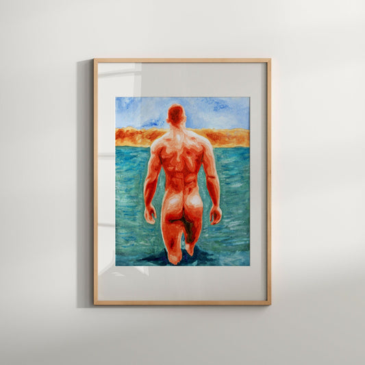 This image displays a striking piece of wall art titled "On Island 2," featuring a vivid and captivating depiction of a muscular nude male figure walking on a beach. The background is painted in shades of blue and orange, creating a warm and inviting atmosphere.
