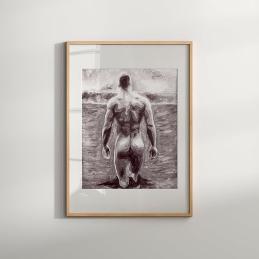 Black and white artwork of a nude male figure standing on a beach with a blurred background.