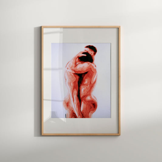 A framed art print featuring a romantic depiction of a same-sex couple.