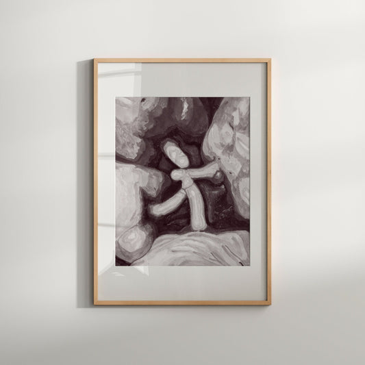 This image features a framed print titled "Ready for Action," presented in a simple, elegant black and white color scheme. The artwork is a Giclée print of an original painting, showcasing a mature and erotic depiction of nude males.