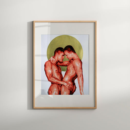 This image features a striking print of a gay couple, presented in a modern, minimalist style. The artwork is a Giclée print on acid-free, PH-neutral archival paper, ensuring a high-quality and durable finish.