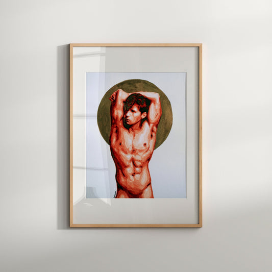 The image displays a framed art print titled "Masculine Flexing," featuring a nude male figure in a dynamic, arching pose with a warm, earthy tone. The artwork is centered on a white background, creating a striking contrast that highlights the detailed and textured application of the paint, emphasizing the muscular and sensual aspect of the subject.