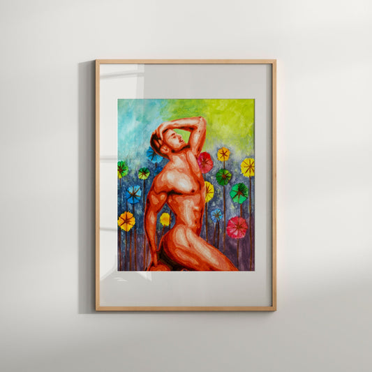 This image features a vibrant and colorful art print titled "Flower Garden," depicting a nude male figure surrounded by various flowers. The figure, rendered in a soft, realistic style, stands out against the lush, multicolored floral backdrop.