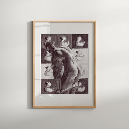 This image features a striking black and white print titled "Rubber Duck," presented in a modern, minimalist frame. The artwork depicts a sensual and artistic portrayal of a nude male figure, with an abstract and erotic composition that includes multiple duck images.