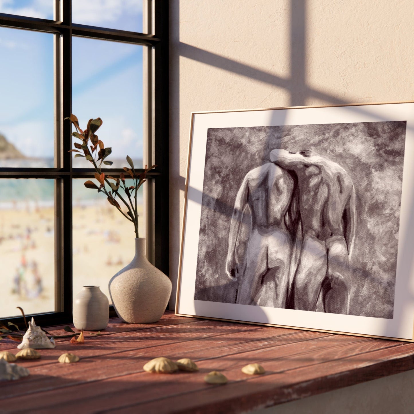 This image features a striking black and white print titled "Nude Butts 2," depicting an artistic and sensuous portrayal of a gay couple. The print captures the duo in a poised, intimate embrace, emphasizing the graceful curves and strong, confident lines of the figures.