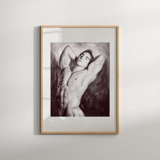 This image features a framed art print titled "Masculine Nude," showcasing a striking black and white photograph of a relaxed, masculine nude male figure. The artwork is centered on a well-proportioned male figure, depicted in a contemplative pose with his hands behind his head, enhancing a sense of ease and confidence.