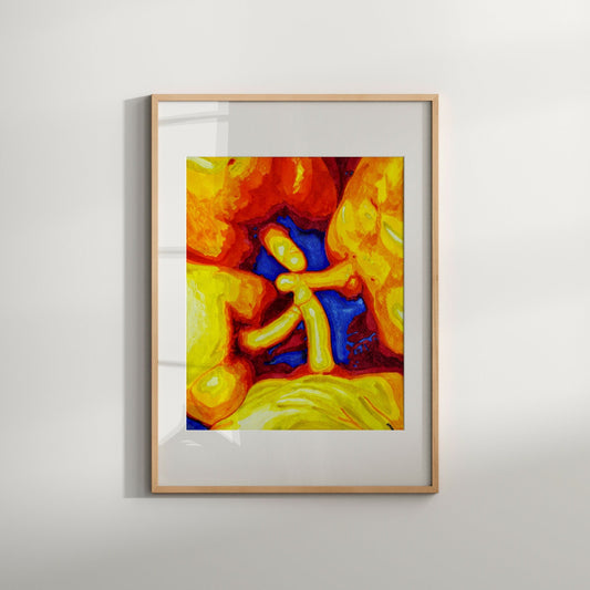 An abstract multicolored wall art featuring a circle with the text 'Mature Content' in the center, framed in a light wood border.