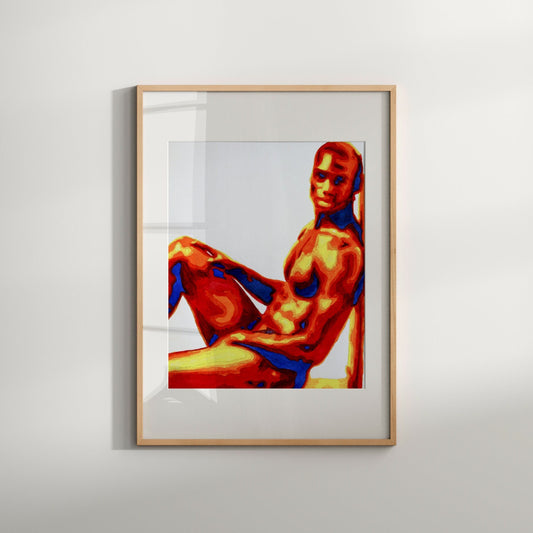 This image features a striking Giclée print titled "Relax 2," showcasing a vibrant and contemporary portrayal of a nude male figure. The artwork is characterized by its bold, fiery colors, with shades of orange, blue, and red predominating, giving it a unique and eye-catching aesthetic.
