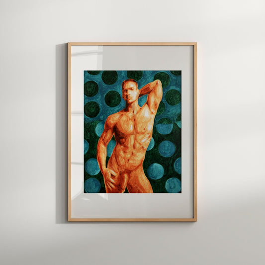This image features a striking section of the "Nude with Polka Dots" art print, showcasing a vibrant and colorful depiction of a male nude figure. The figure, rendered in a bold and expressive style, is set against a dynamic background of blue and green dots, enhancing the visual drama of the piece.