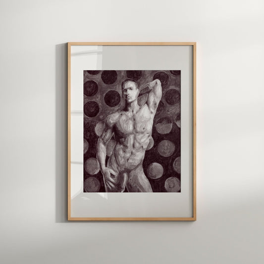 This image features a striking piece of art titled "Photo Shoot," presented in a Giclée print format. The artwork is a black and white depiction of a nude male, highlighting a blend of erotic and artistic expression.