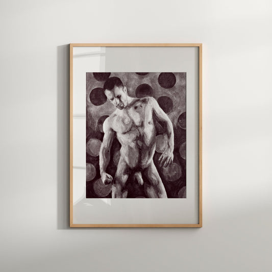 This image features a striking black and white art print titled "Attractive 2," showcasing a gay male nude. The print captures a powerful and erotic image of a shirtless man with a confident pose, set against a polka dot background.